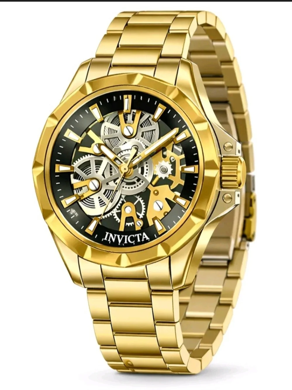 Invicta Gold and Black Skeleton Bracelet Watch